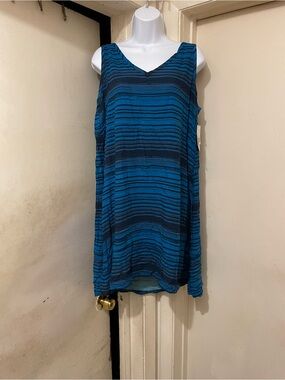 American Crown One Size Blue Striped Oversized Tunic Top Sleeveless V Neck Rayon